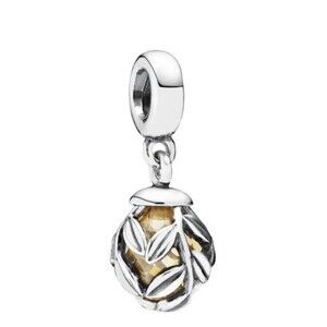 NEW Pandora Sterling Silver Laurel Leaves Golden CZ Dangle Charm 791407CCZ